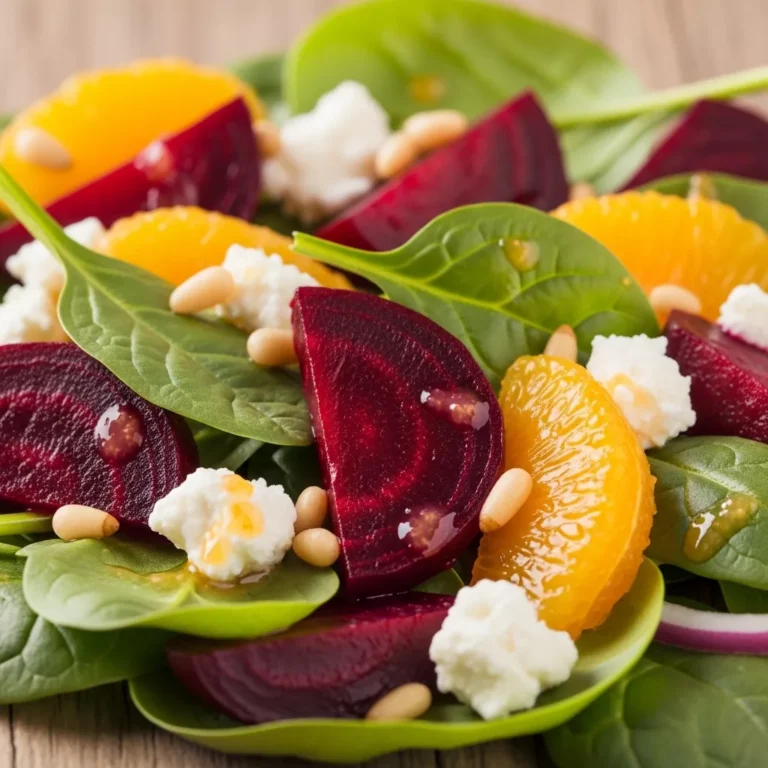 Beautifully plated Vibrant Beet and Orange Spinach Salad in a serving bowl.