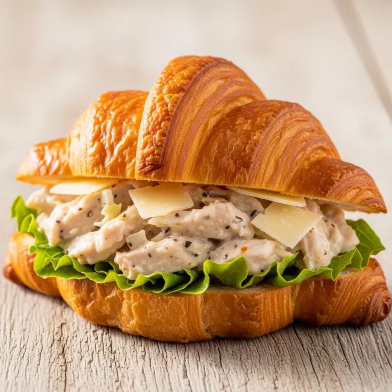 Two Flaky Chicken Caesar Croissant Melts on a rustic wooden board, one cut in half to show the creamy chicken and romaine filling.