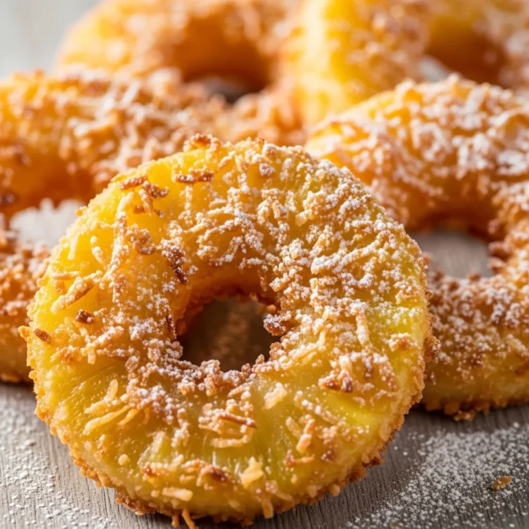 Plate of golden fried pineapple rings with toasted coconut crust, ready to serve.