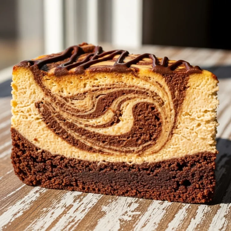 A perfectly baked Velvety Mocha Swirl Brownie Cheesecake Bliss, whole or as a beautifully presented single slice on a plate.