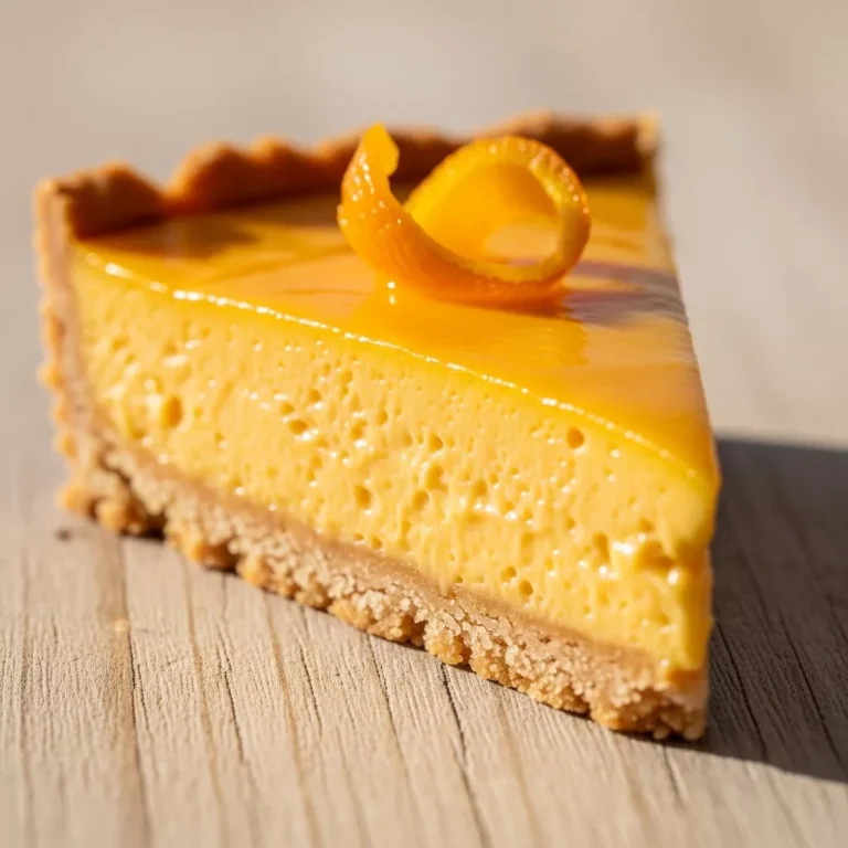 Whole Zesty Orange Dream Tart with one slice removed