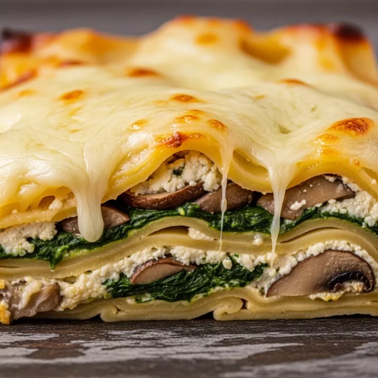 A hearty baked dish of creamy spinach mushroom lasagna, cut into servings, on a rustic table.