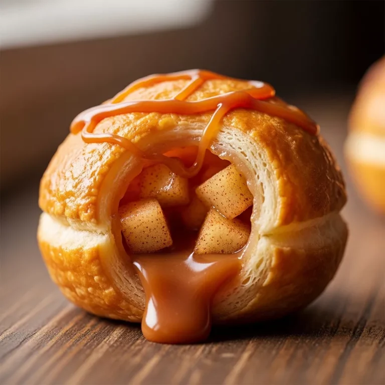 Several golden apple caramel bombs on a plate, one cut open to show filling