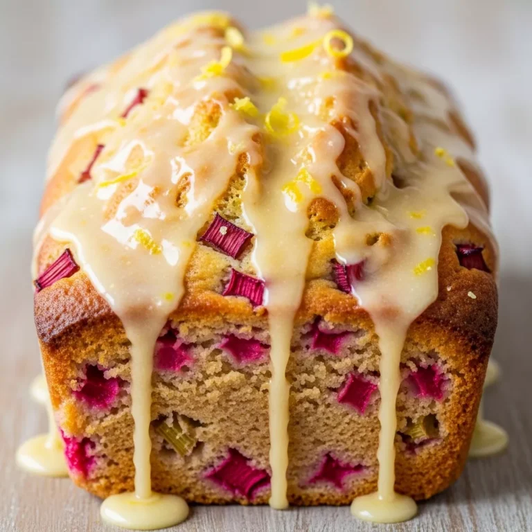 A slice of Zesty Rhubarb Sunshine Loaf with Lemon Glaze on a plate, showing the moist interior and rhubarb pieces, ready to be enjoyed.
