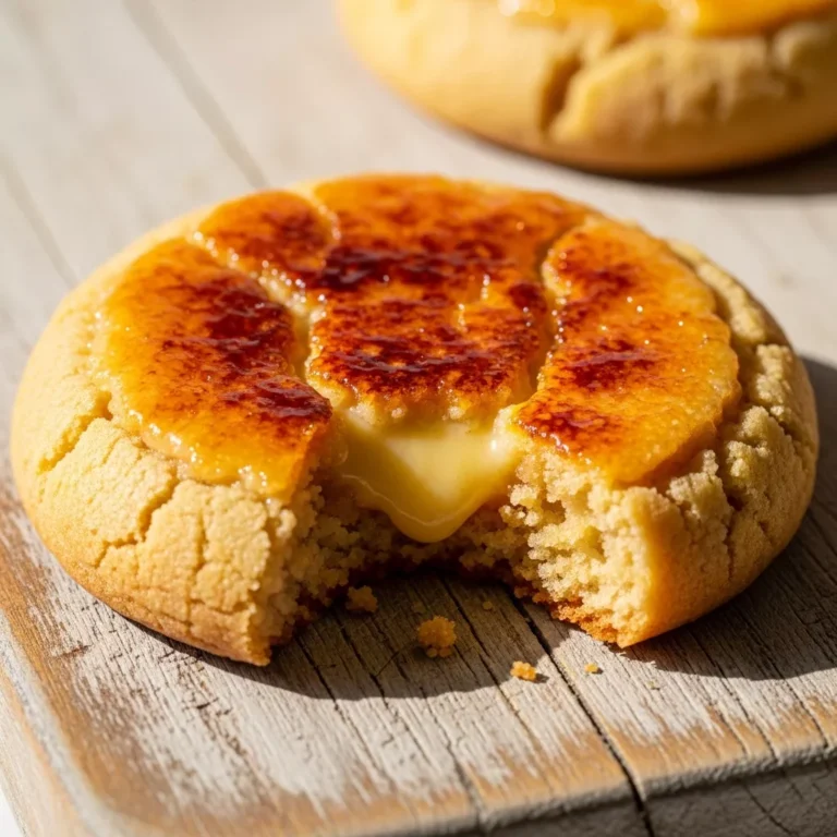 A small stack of Golden Torch-Kissed Creme Brulee Cookies, featuring caramelized sugar tops and soft, golden bases, on a rustic wooden surface.