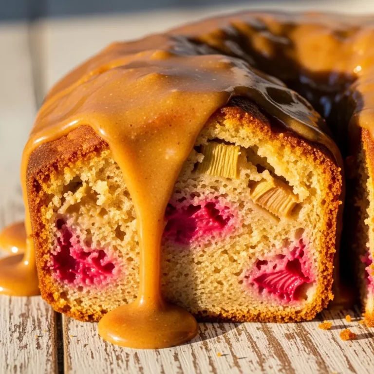 A whole Golden Hour Rhubarb Cake with brown butter glaze, presented on a rustic wooden board, with a serving knife beside it.