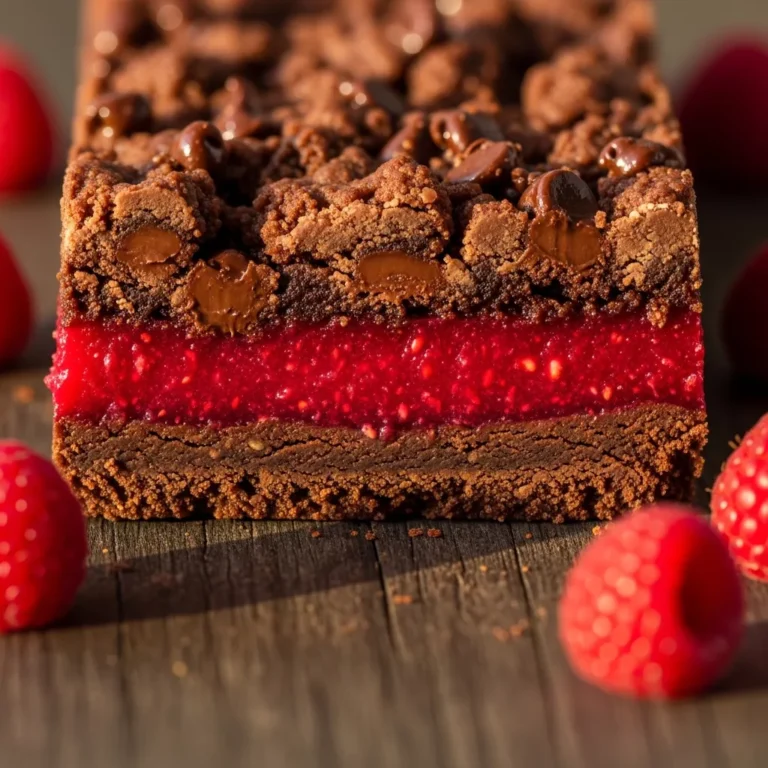 Three perfectly cut dark chocolate raspberry bars arranged on a rustic plate, topped with fresh raspberries, ready to serve.