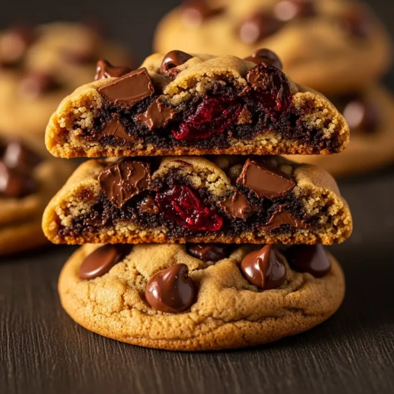 Stack of Decadent Cherry Mocha Chocolate Chip Cookies with visible chocolate and cherries.
