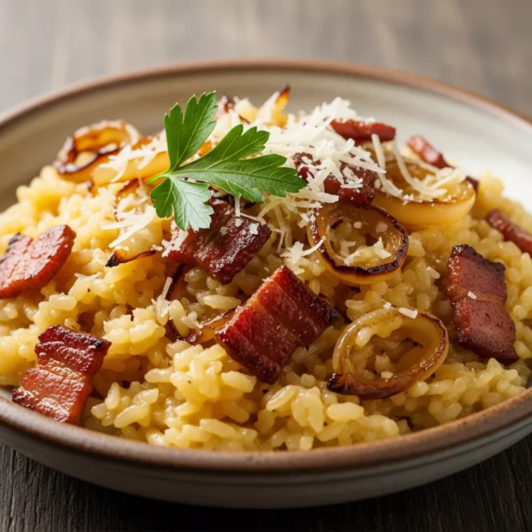 Full view of a bowl of Golden Caramelized Onion & Crispy Beef Turkey Bacon Risotto, garnished with fresh parsley and Parmesan, ready to serve.