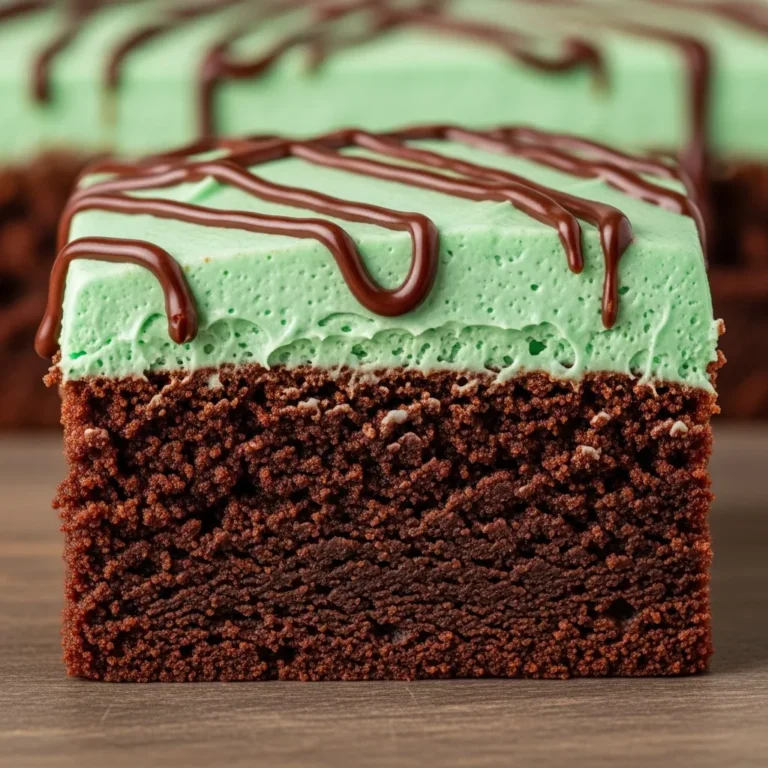 A plate of Emerald Isle Mint Fudge Brownies with vibrant green frosting and elegant chocolate drizzle.