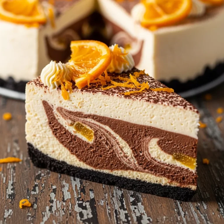 A beautifully presented whole Velvety Chocolate Orange Dream Cheesecake with one slice removed, showcasing its creamy filling, chocolate crust, and orange garnish.