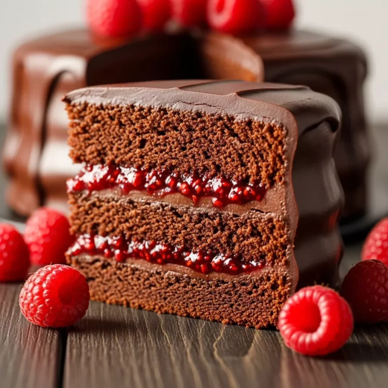 Recipe card for the Velvet Crimson Chocolate Raspberry Dream Cake with ingredient list and instructions.