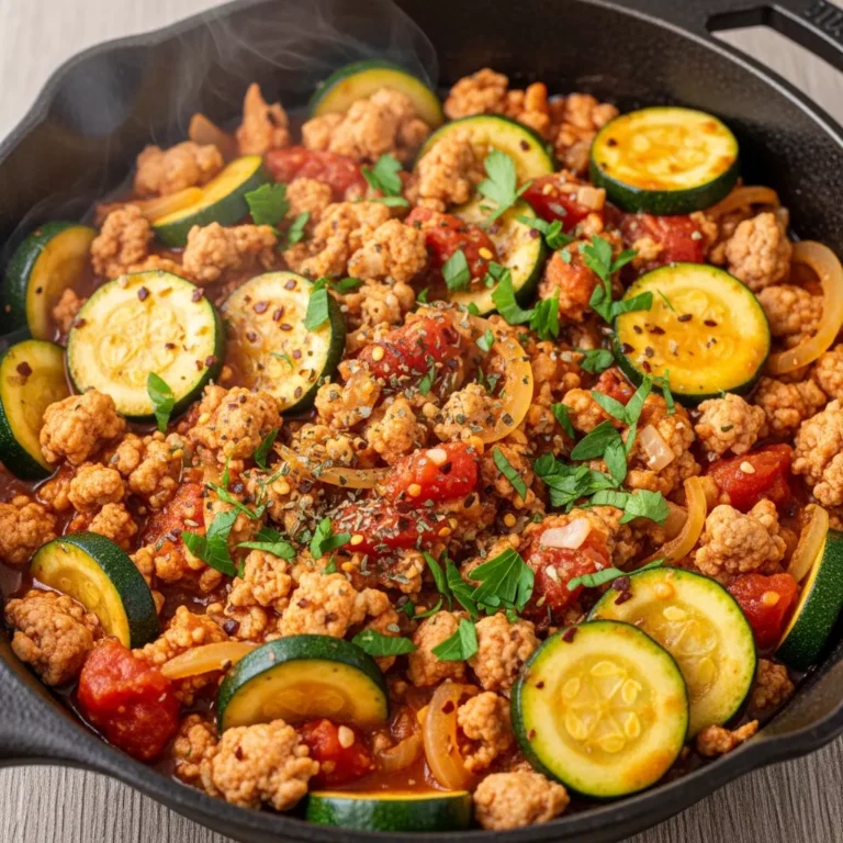 Hearty Rapid 25-Minute Turkey Zucchini Skillet, served in a rustic cast iron pan on a wooden table.