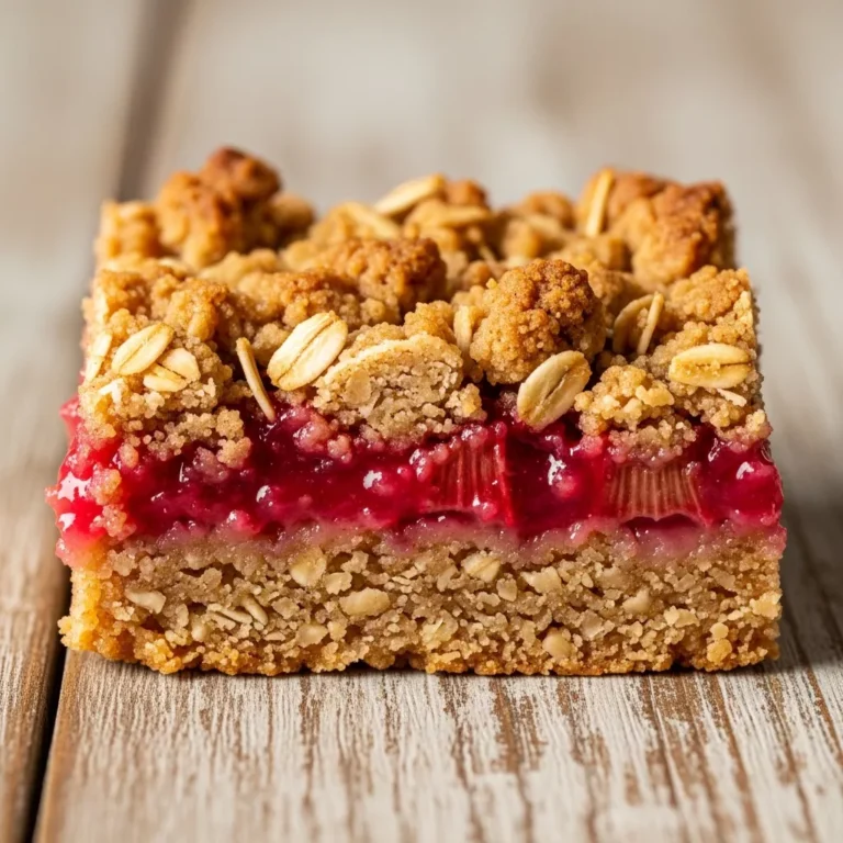 Two Old-Fashioned Amish Rhubarb Oatmeal Crumb Bars, one with a section missing to reveal the gooey rhubarb filling, presented on a rustic wooden table, ready to be enjoyed.