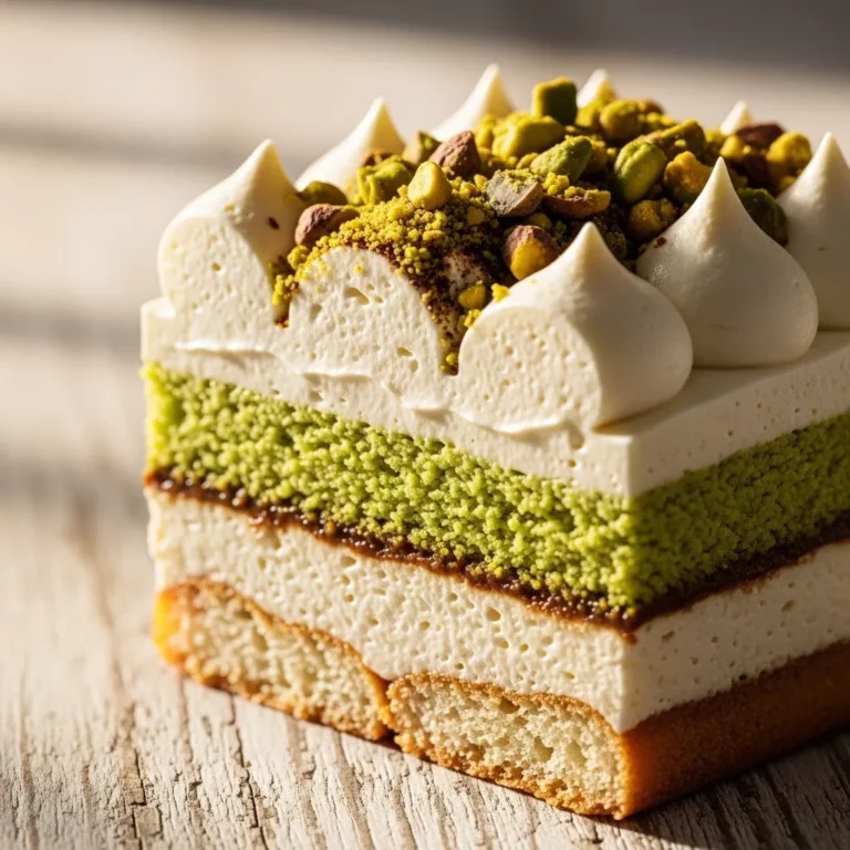 Slice of Velvet Pistachio Cloud Tiramisu with espresso and pistachios
