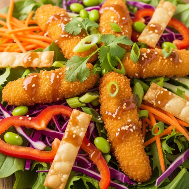 Crispy Asian Chicken Crunch Salad served in a bowl with dressing.