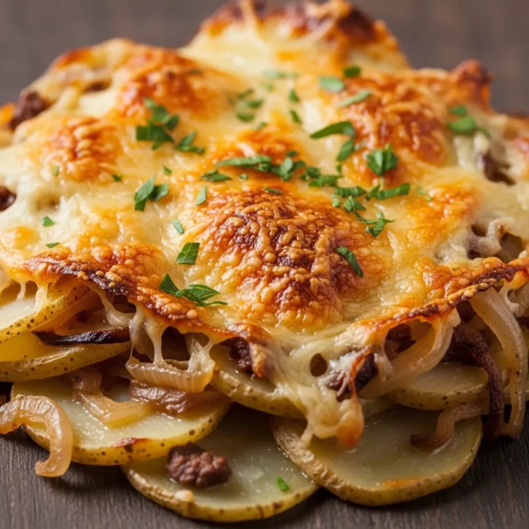 Golden French Onion Potato Bake served in a rustic dish on a table