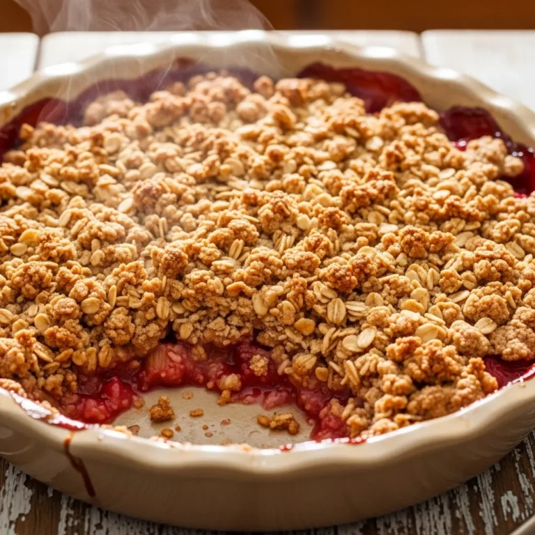 A hearty serving of Golden Hour Rhubarb Crisp with a golden, crispy topping and a sweet-tart rhubarb filling in a rustic baking dish.