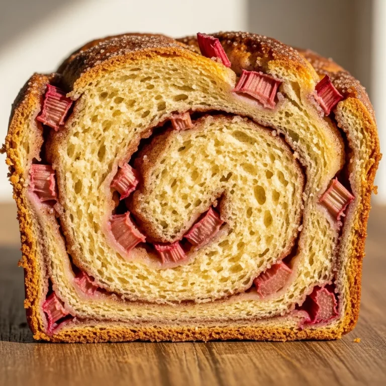 A golden loaf of Sweet & Tangy Cinnamon Rhubarb Swirl Bread, either whole or with a few slices presented, showing the tender crumb and visible cinnamon swirl with pink rhubarb.