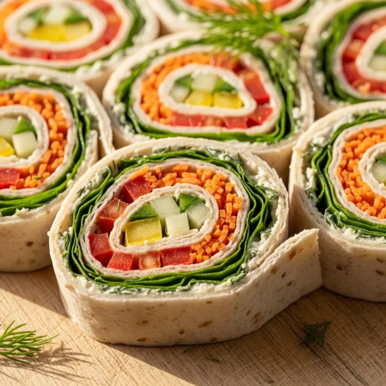 Plate of freshly sliced Zesty Garden Fresh Tortilla Pinwheels with a creamy dip, ready to serve.