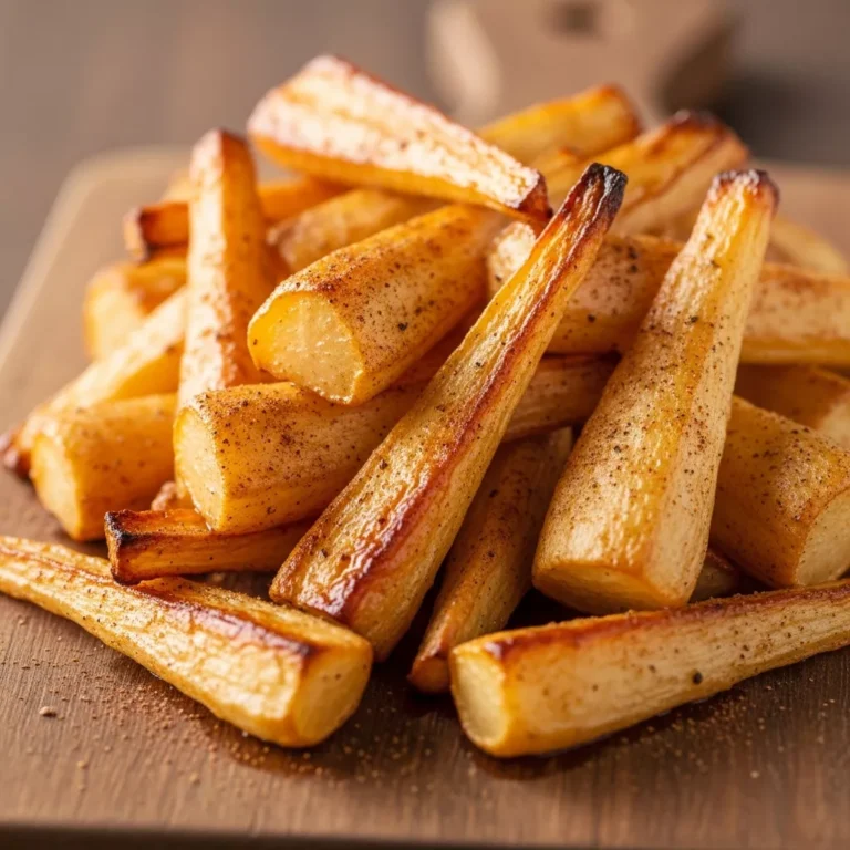 Plate of golden maple-cinnamon roasted parsnips with a garnish, ready to serve.