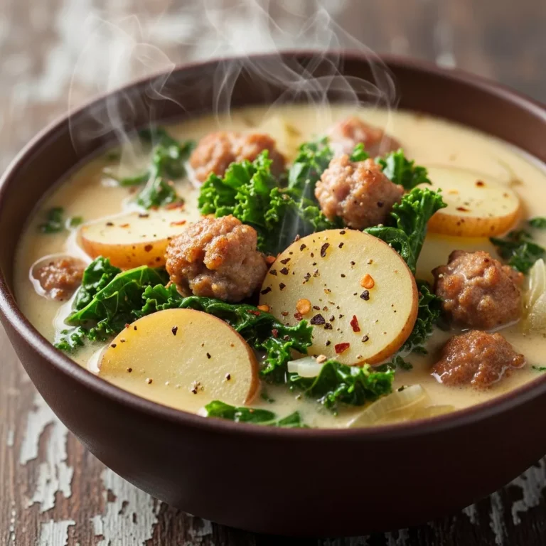 Creamy Zuppa Toscana soup in a bowl with turkey sausage, potatoes, and kale