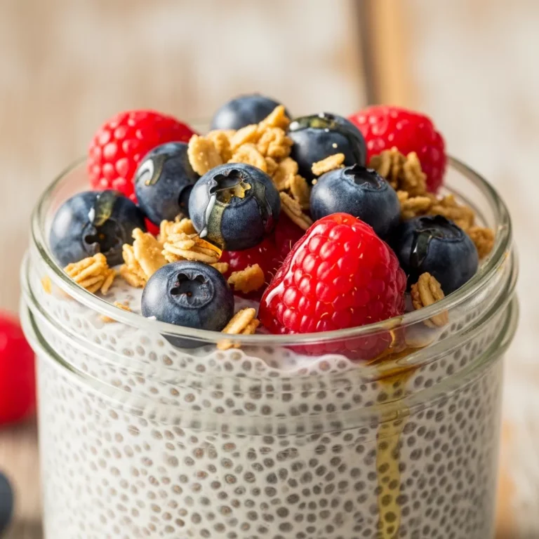 Velvet Vanilla High Protein Greek Yogurt Chia Pudding in a glass jar, ready to eat, on a rustic kitchen counter.