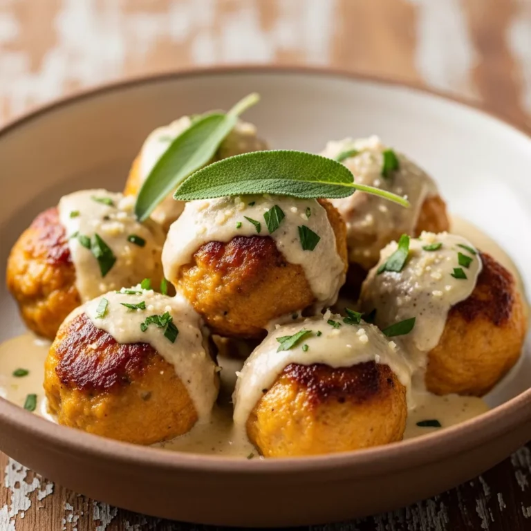 Plate of golden-brown pumpkin chicken meatballs covered in a rich, velvety sage cream sauce, ready to serve.