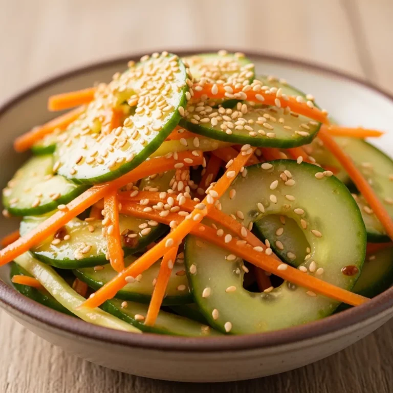 Healthy and colorful sesame cucumber carrot slaw in a serving bowl.