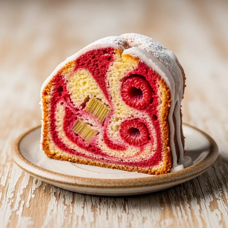 Whole Ruby Swirl Rhubarb Raspberry Dream Cake in a bundt pan shape with glaze on a rustic wood surface.
