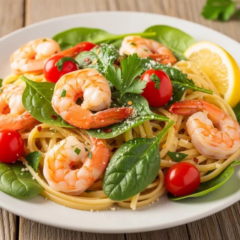 Full plate of Speedy Lemon Herb Shrimp Pasta with burst tomatoes and spinach, ready to serve on a rustic table.