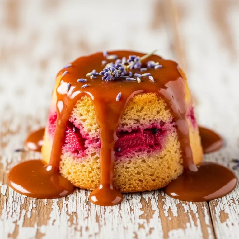 A serving of Whimsical Sticky Rhubarb Lavender Pudding Bake with butterbeer sauce and lavender garnish, perfect for a recipe card.