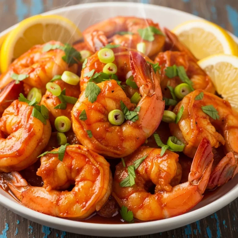 Bowl of Explosive Zesty Cajun Voodoo Shrimp with steam, herbs, and lemon, ready to serve