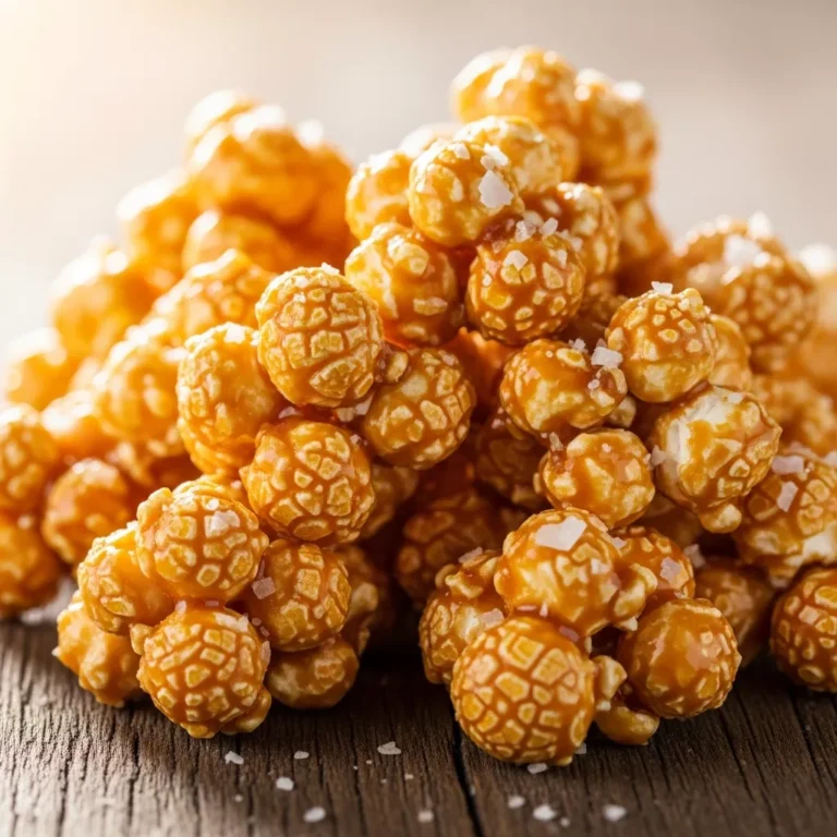 Delicious Butterbeer Popcorn Clusters recipe card image, showing the golden snack.