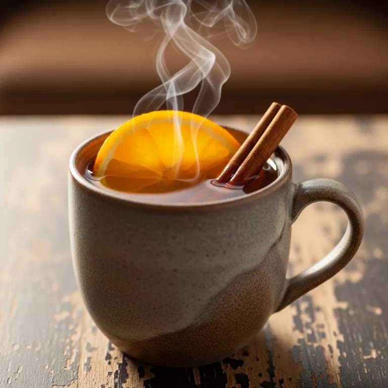 Fireside Glow Warm Cinnamon Orange Mocktail recipe card image, featuring a steaming drink with orange and cinnamon.