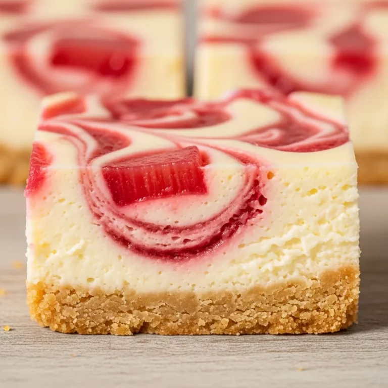 Sweet-Tart Rhubarb Swirl Cheesecake Bars cut into squares, showing pink swirls and crust, on a rustic surface.