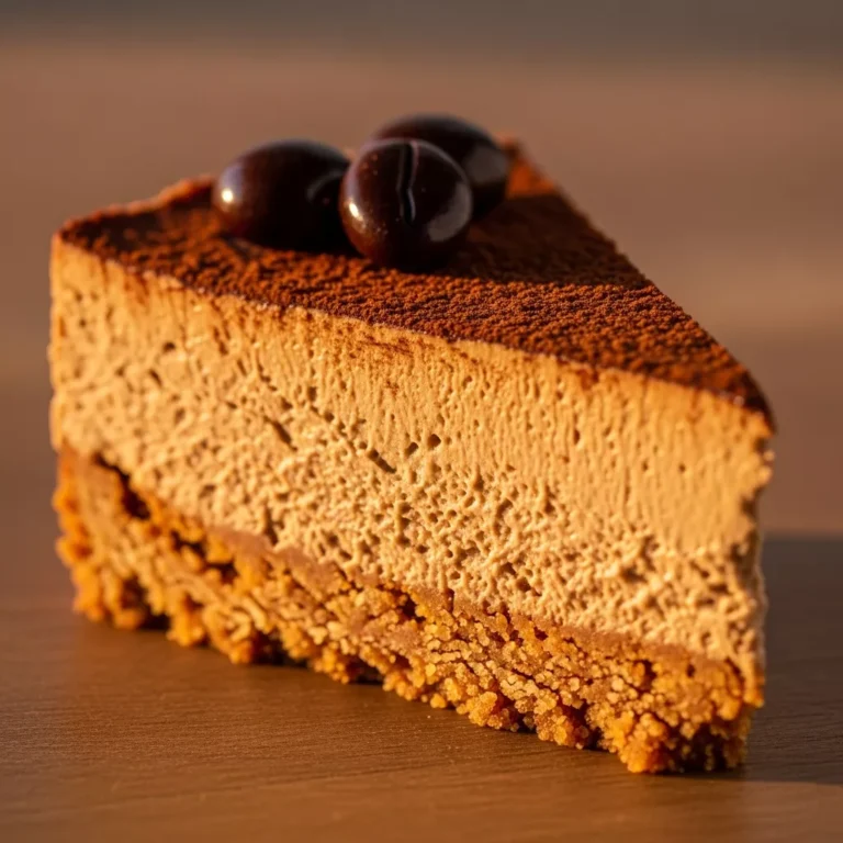 Full Velvety No-Bake Espresso Dream Cheesecake, dusted with cocoa and garnished with coffee beans, on a rustic wooden board.