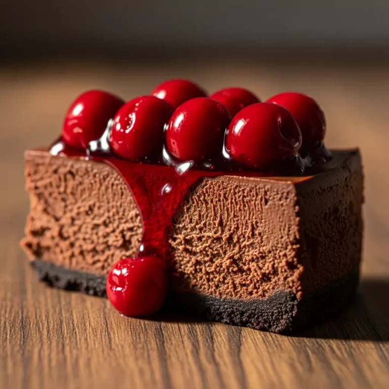 Whole Velvet Abyss Dark Chocolate Cherry Cheesecake with a slice removed, showcasing layers.