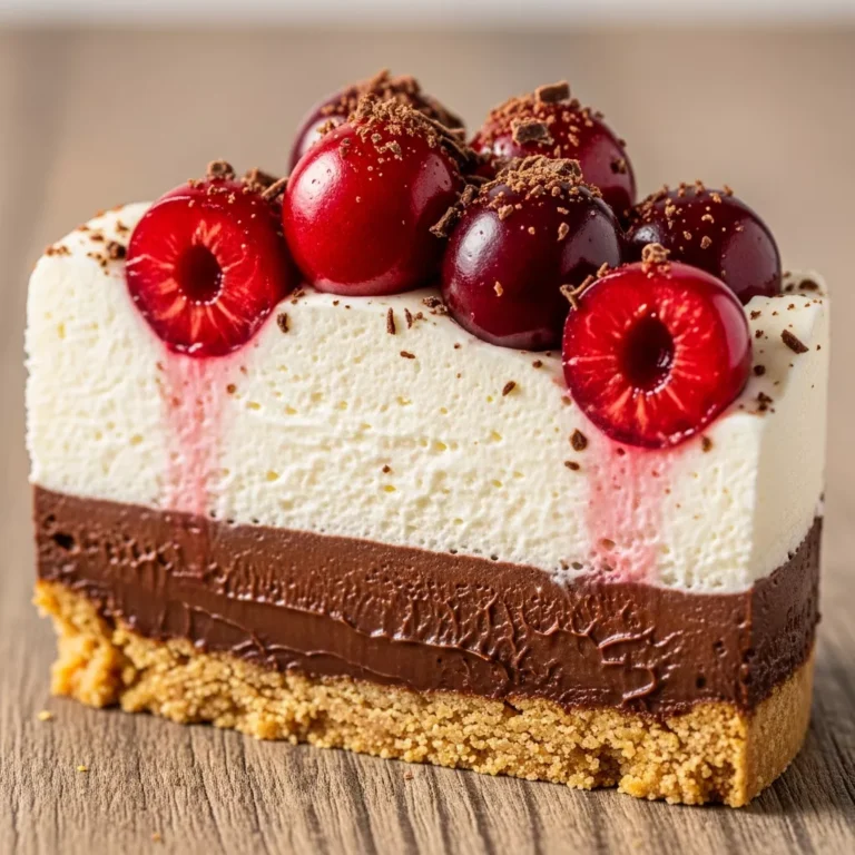 Whole Effortless Decadent Chocolate Cherry Cloud Pie with a slice removed, showing layers on a rustic surface.