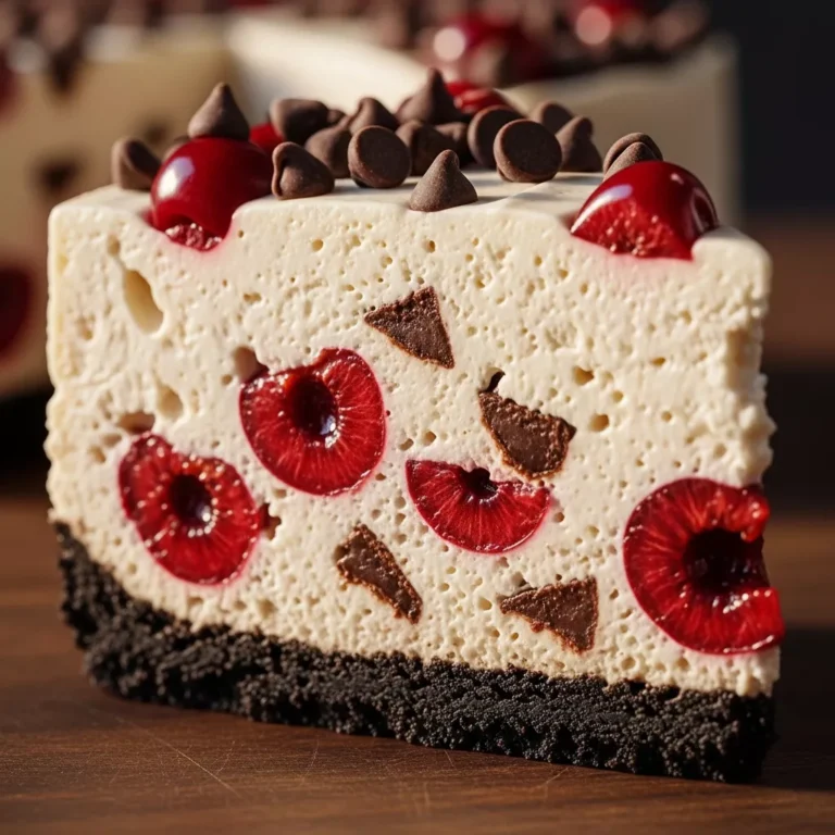 A full Velvet Cherry Chocolate Chip Oreo No-Bake Cheesecake in a pie plate with one slice removed, revealing the creamy filling and layers, garnished with fresh cherries and chocolate chips on a rustic surface.
