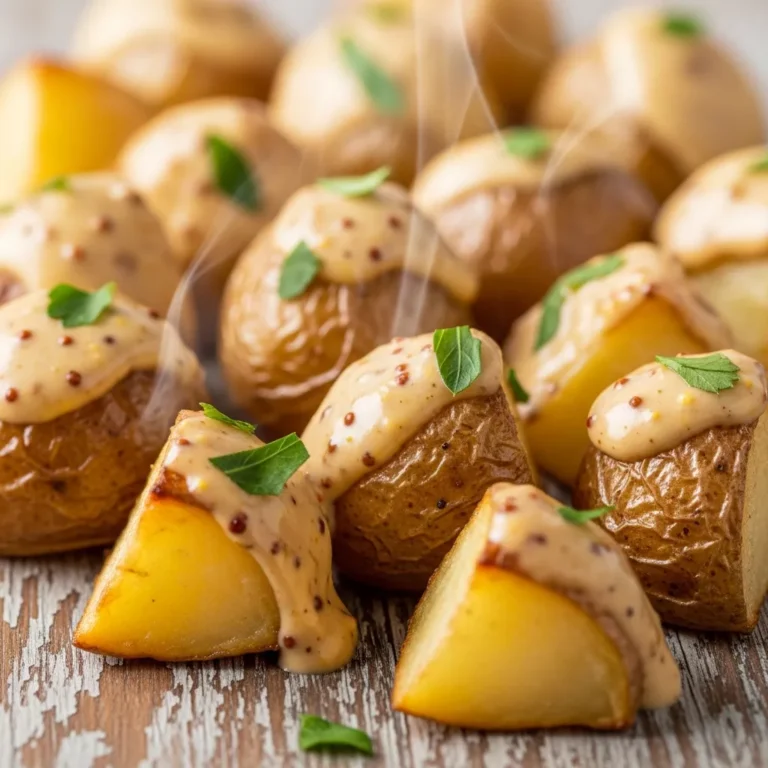 Serving of creamy mustard roasted potatoes with a crispy exterior and creamy sauce, garnished with parsley.