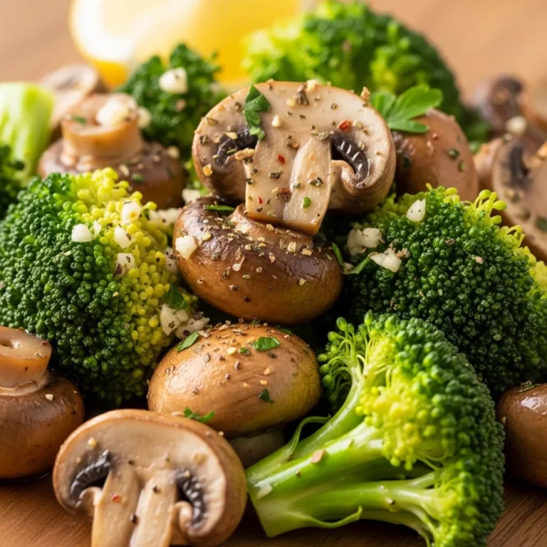 Appetizing image of vibrant garlic herb sautéed mushrooms and broccoli in a serving dish.