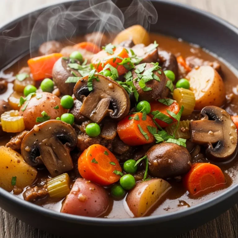 Hearty bowl of vegan 'beef' stew with mushrooms, potatoes, and carrots in a rich brown gravy, garnished with parsley, ready to be served.