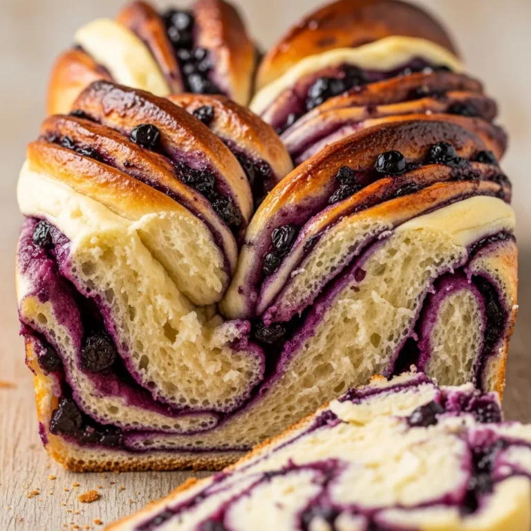 Slice of Cloud-Like Blueberry Cream Cheese Babka showing swirled layers of fruit and cream cheese.