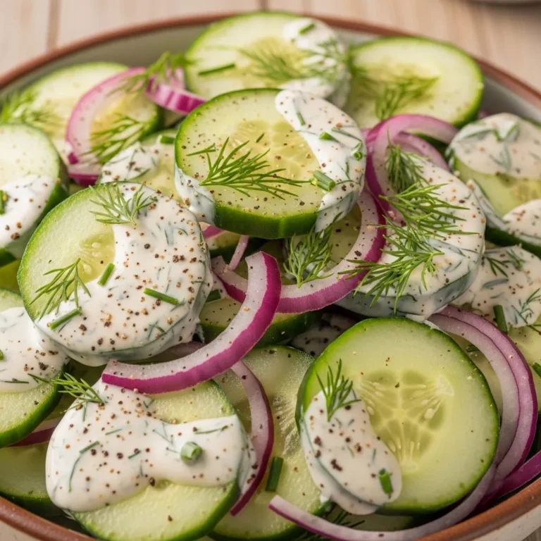 Bowl of creamy cucumber ranch salad with fresh dill and red onion on a rustic wooden table, ready to serve.