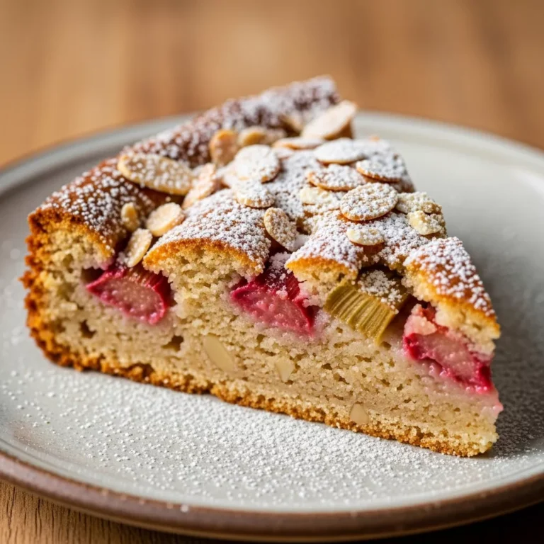Whole Sunshine Rhubarb Almond Bliss Torte, golden-crusted and dusted with powdered sugar, on a rustic wooden board.