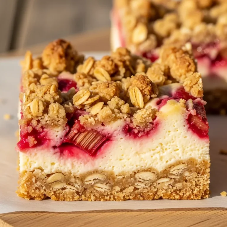 Three Rhubarb Swirl Cheesecake Crumble Bars arranged on a rustic surface, showcasing their golden crumble tops and vibrant swirled filling.
