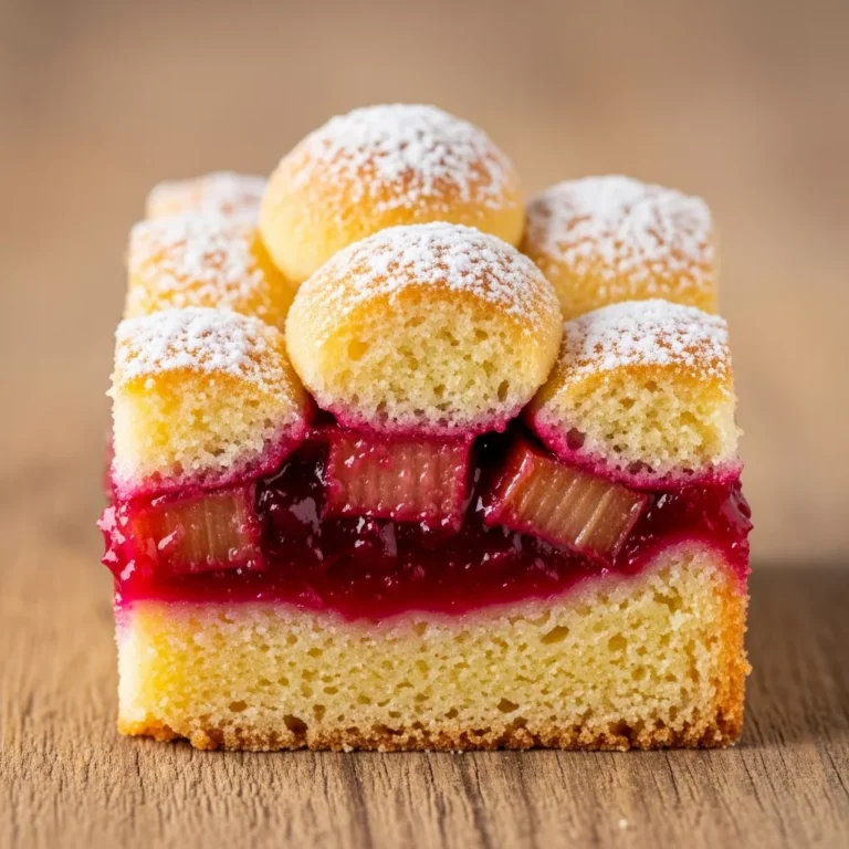 Baked Norwegian Rhubarb Bliss cake with a tender crust, sweet-tart rhubarb filling, and rustic dollops on top.