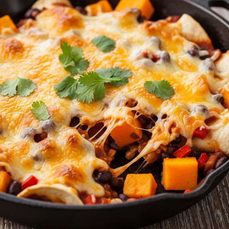 Full view of One-Pan Butternut and Black Bean Enchilada Skillet in a rustic cast iron pan