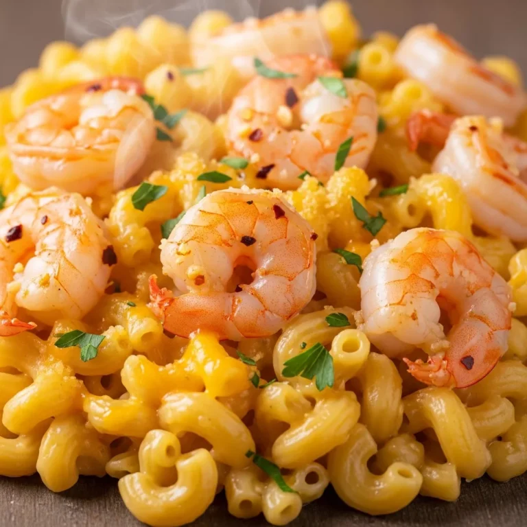 A serving of creamy, cheesy Decadent Garlic Shrimp Mac and Cheese, with visible shrimp and a sprinkle of fresh parsley.